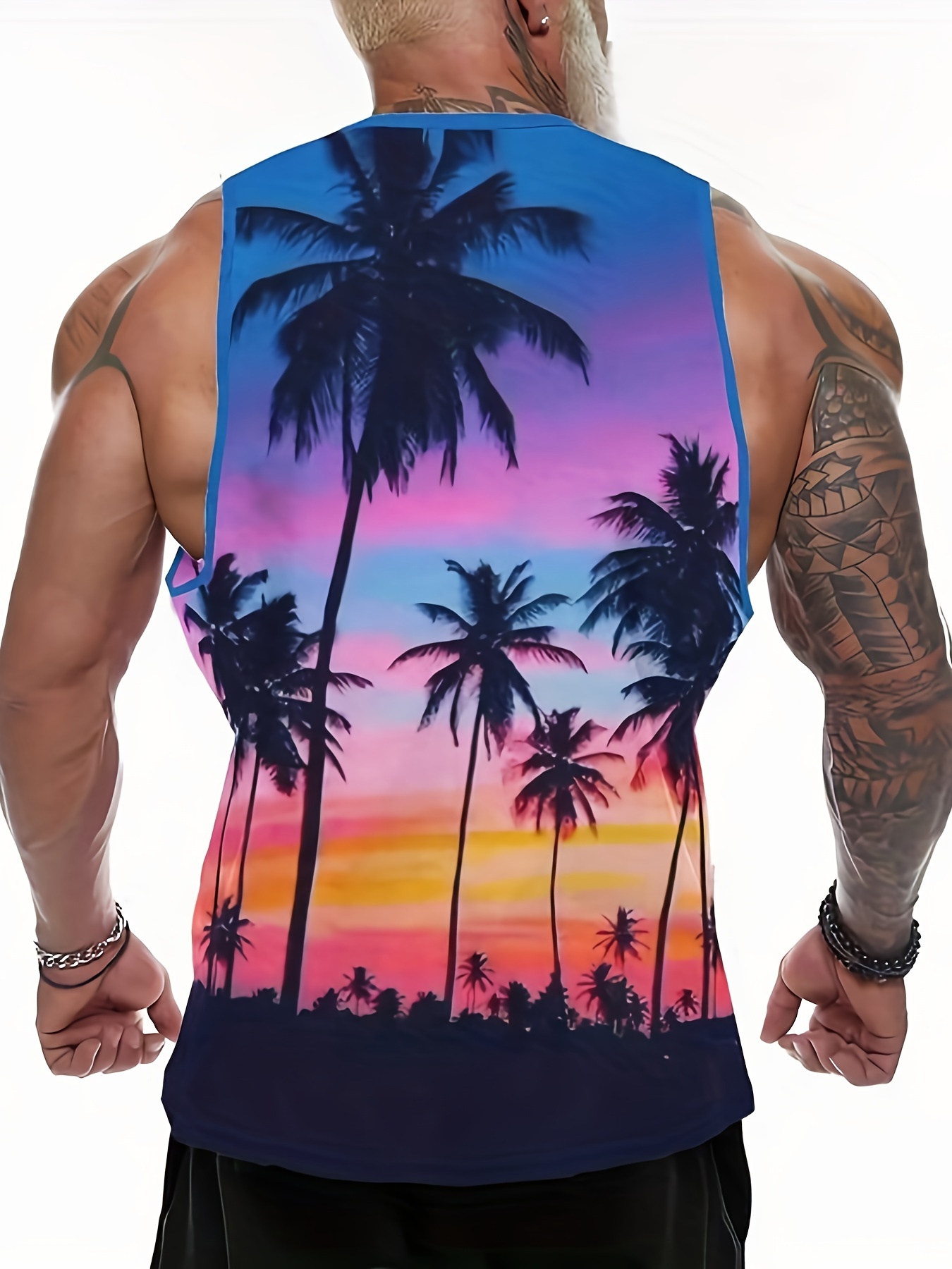 mens trendy crew neck graphic tank top with fancy palm tree prints street style for summer wear details 5