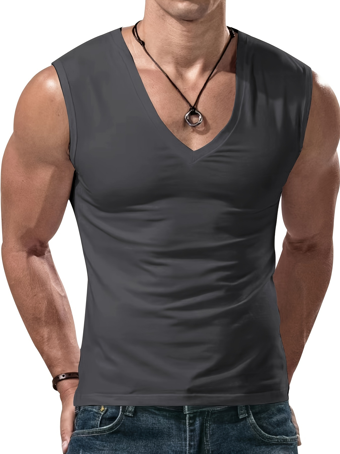 mens solid color casual sleeveless v neck sports tank top quick dry for summer outdoor activities and fitness gym details 2