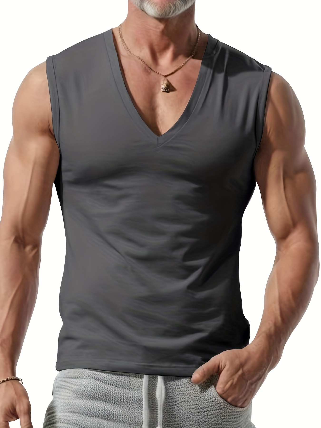 mens solid color casual sleeveless v neck sports tank top quick dry for summer outdoor activities and fitness gym details 4