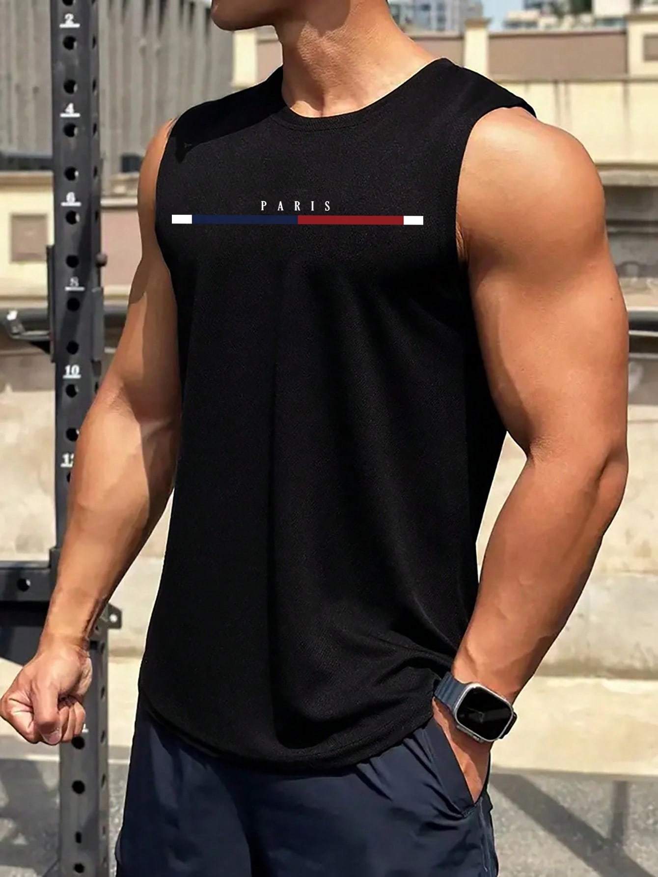 paris letter graphic print mens casual lightweight athletic sleeveless tank top mens comfy gym training sports vest top for summer details 1