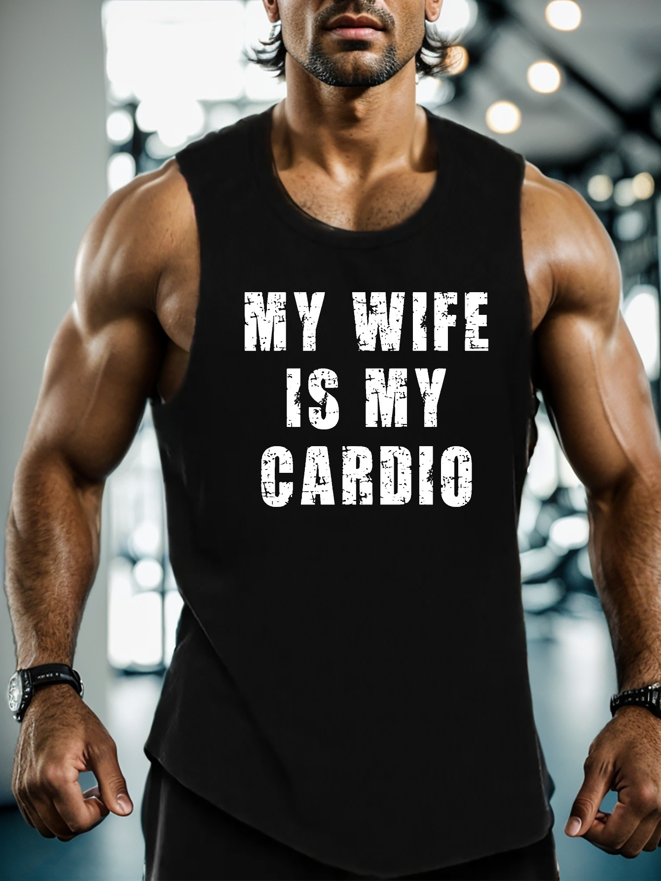 my wife is my cardio print sleeveless tank top mens active undershirts for workout at the gym details 0