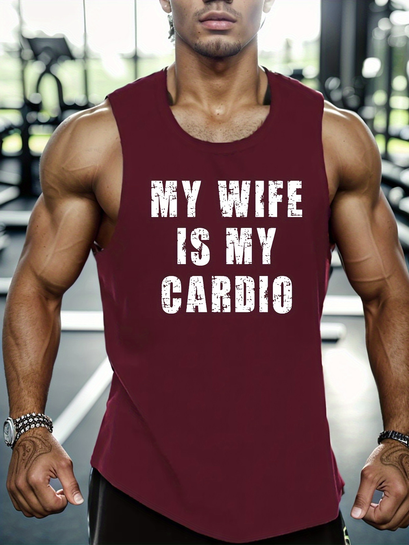 my wife is my cardio print sleeveless tank top mens active undershirts for workout at the gym details 10