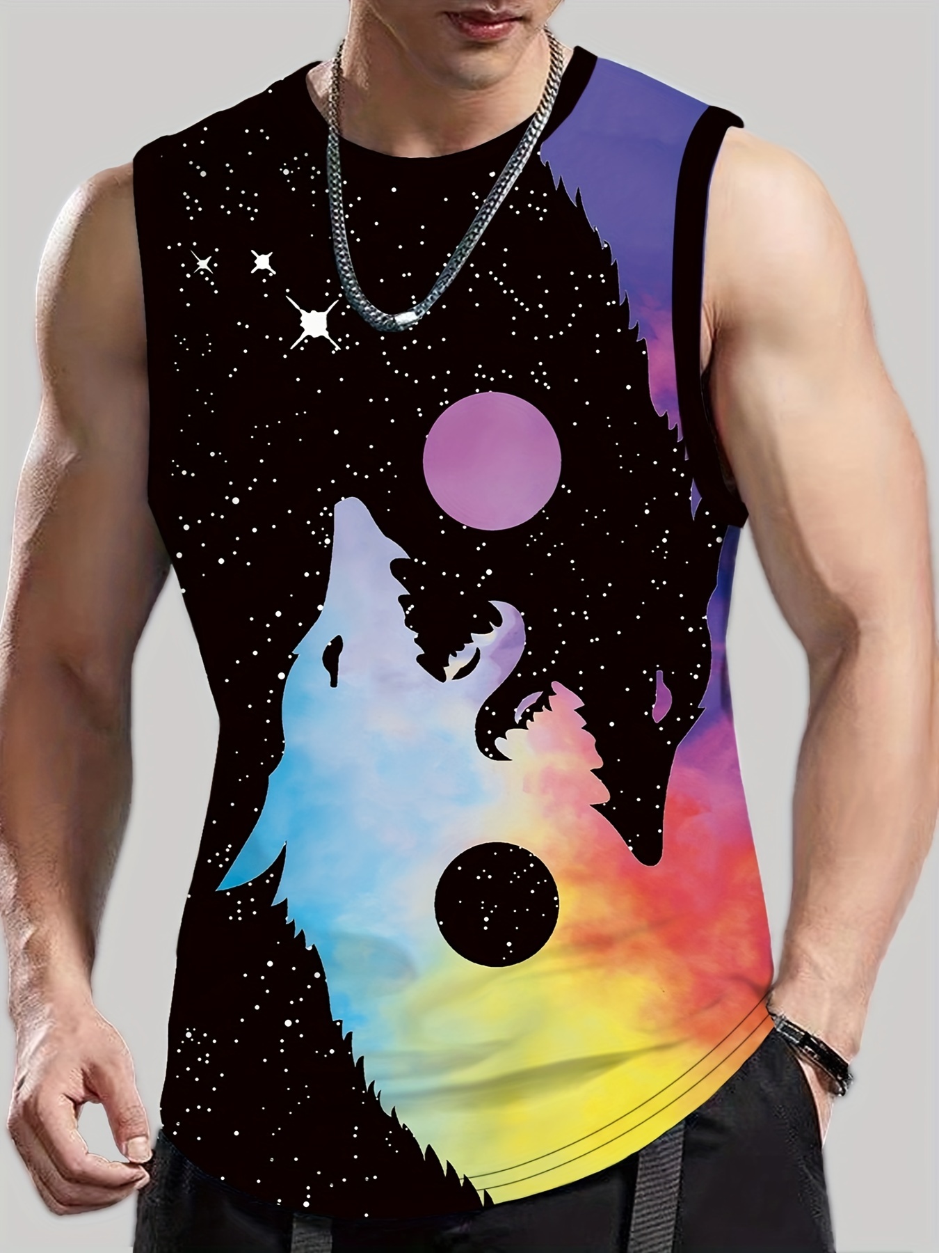 shadow of the wolf creative graphic print mens casual tank top crew neck sleeveless vest for summer details 0