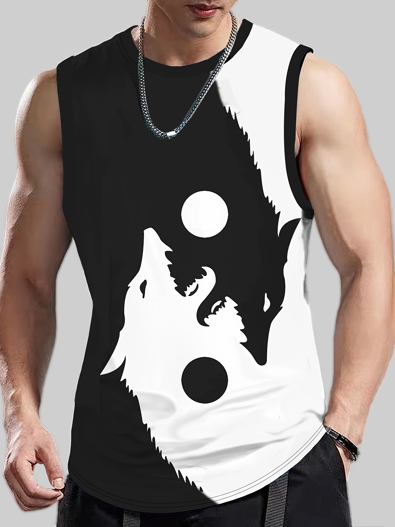 shadow of the wolf creative graphic print mens casual tank top crew neck sleeveless vest for summer details 6