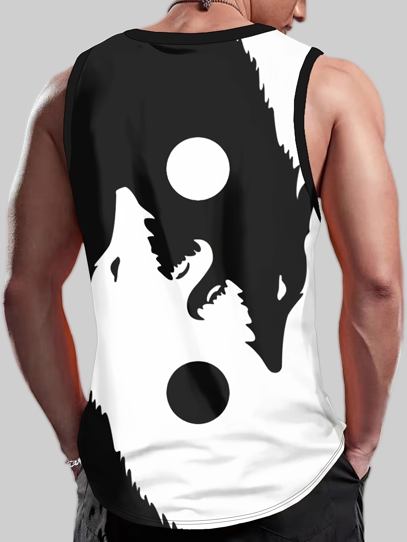 shadow of the wolf creative graphic print mens casual tank top crew neck sleeveless vest for summer details 8