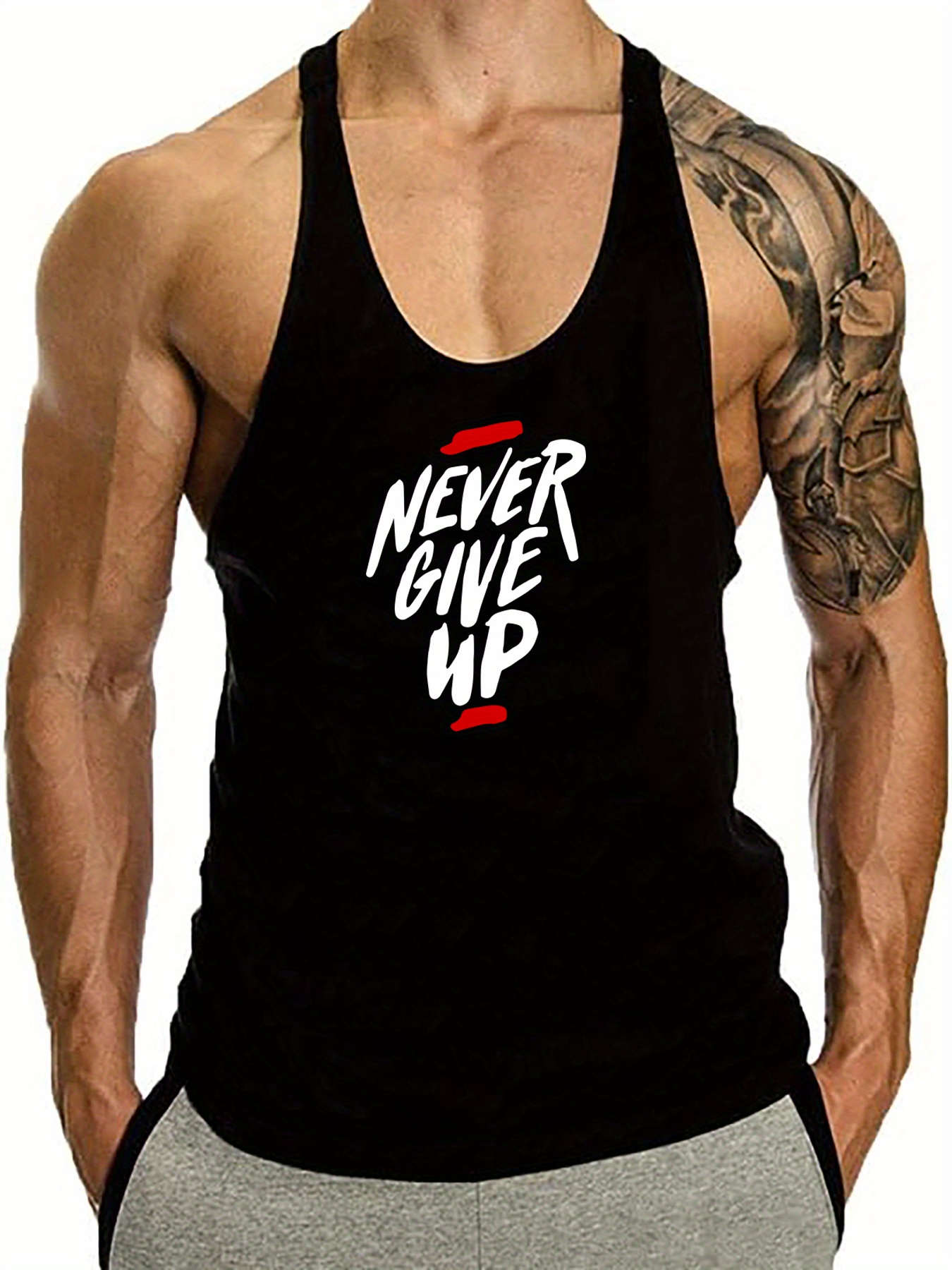 never give up print mens quick dry moisture wicking breathable racerback tops athletic gym bodybuilding muscle men sports sleeveless vest for workout running training mens clothes details 11