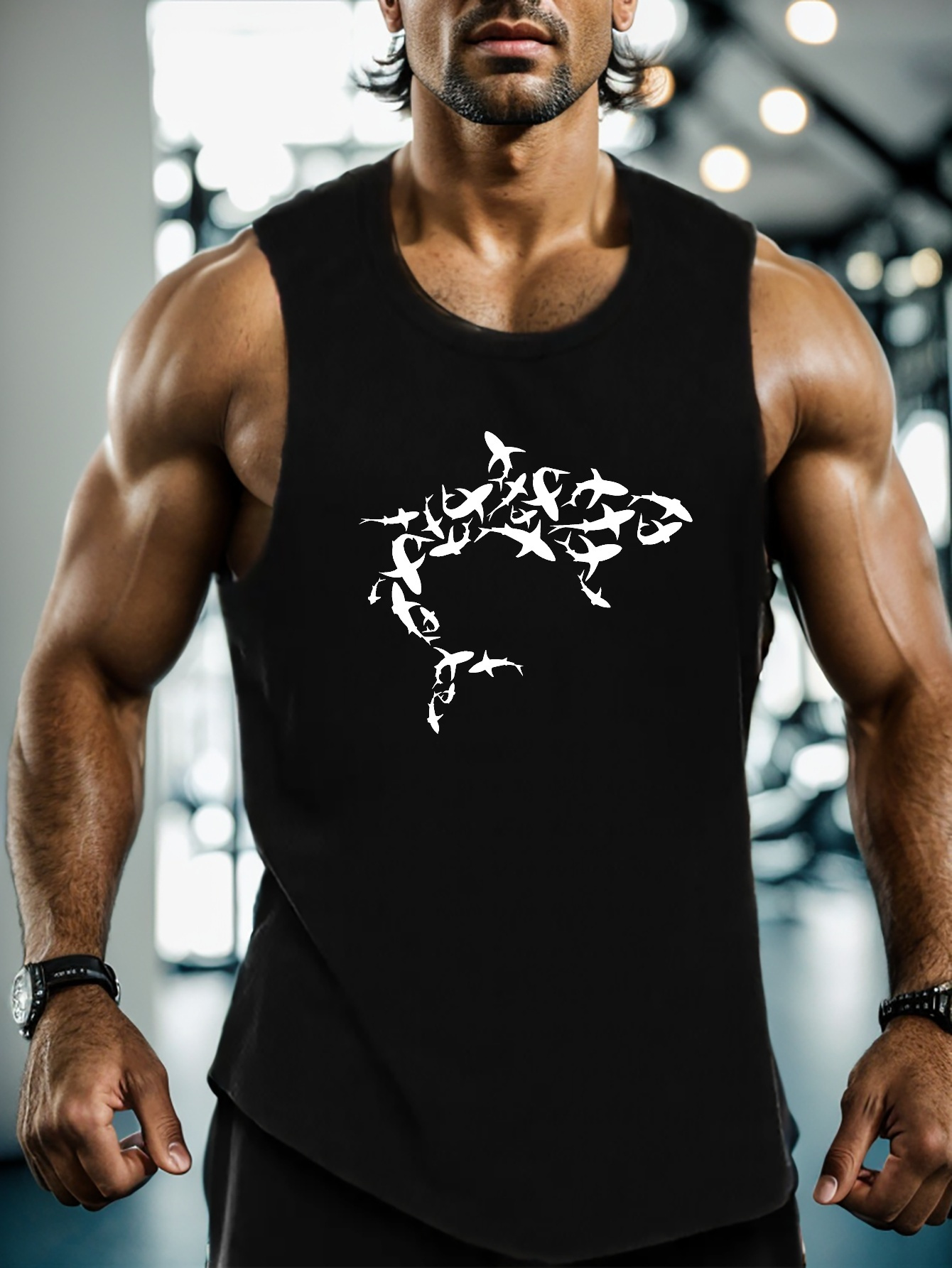 shark print mens quick dry moisture wicking breathable tank tops athletic gym bodybuilding sports sleeveless shirts for workout running training mens clothes details 0