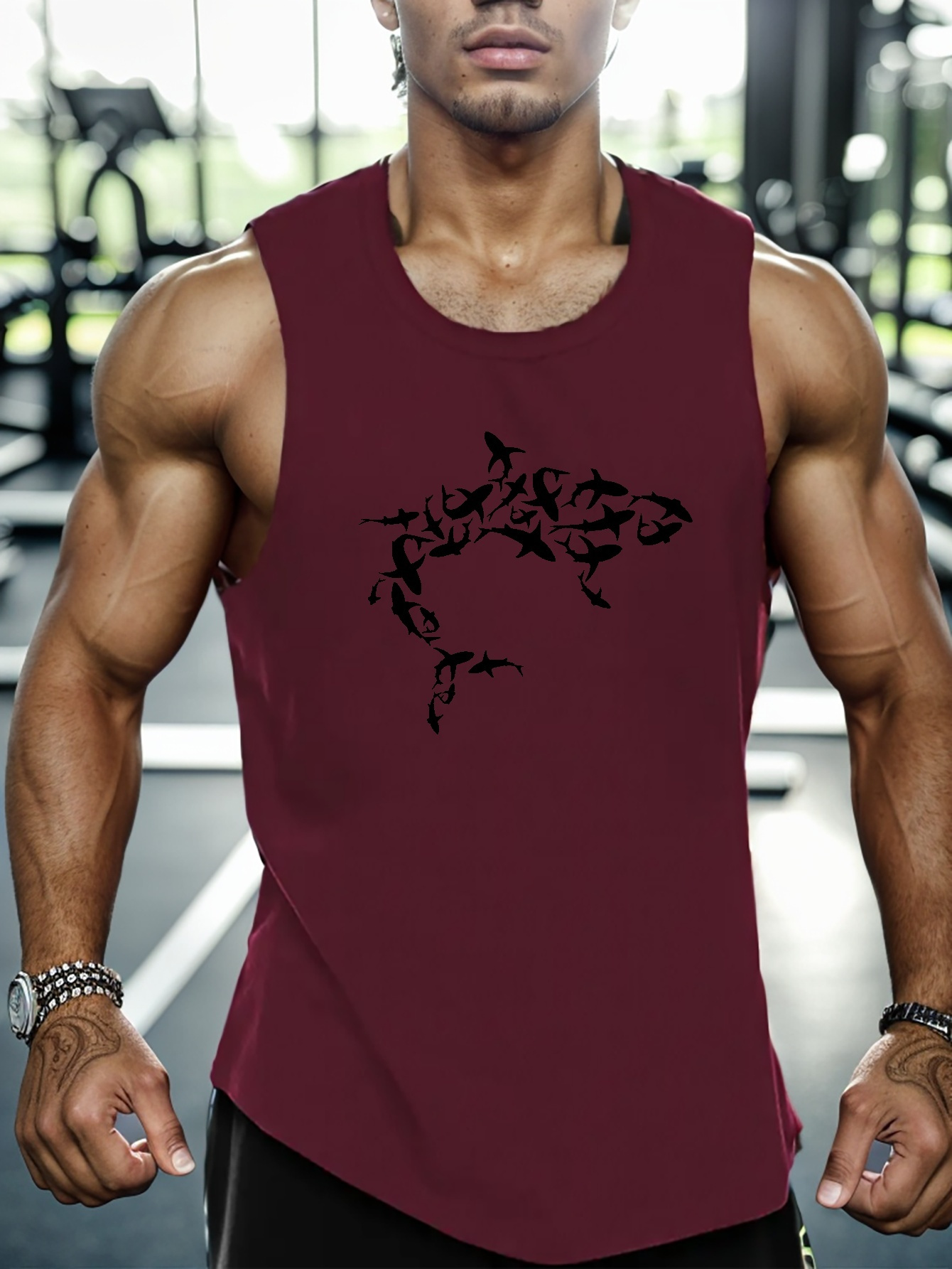 shark print mens quick dry moisture wicking breathable tank tops athletic gym bodybuilding sports sleeveless shirts for workout running training mens clothes details 5