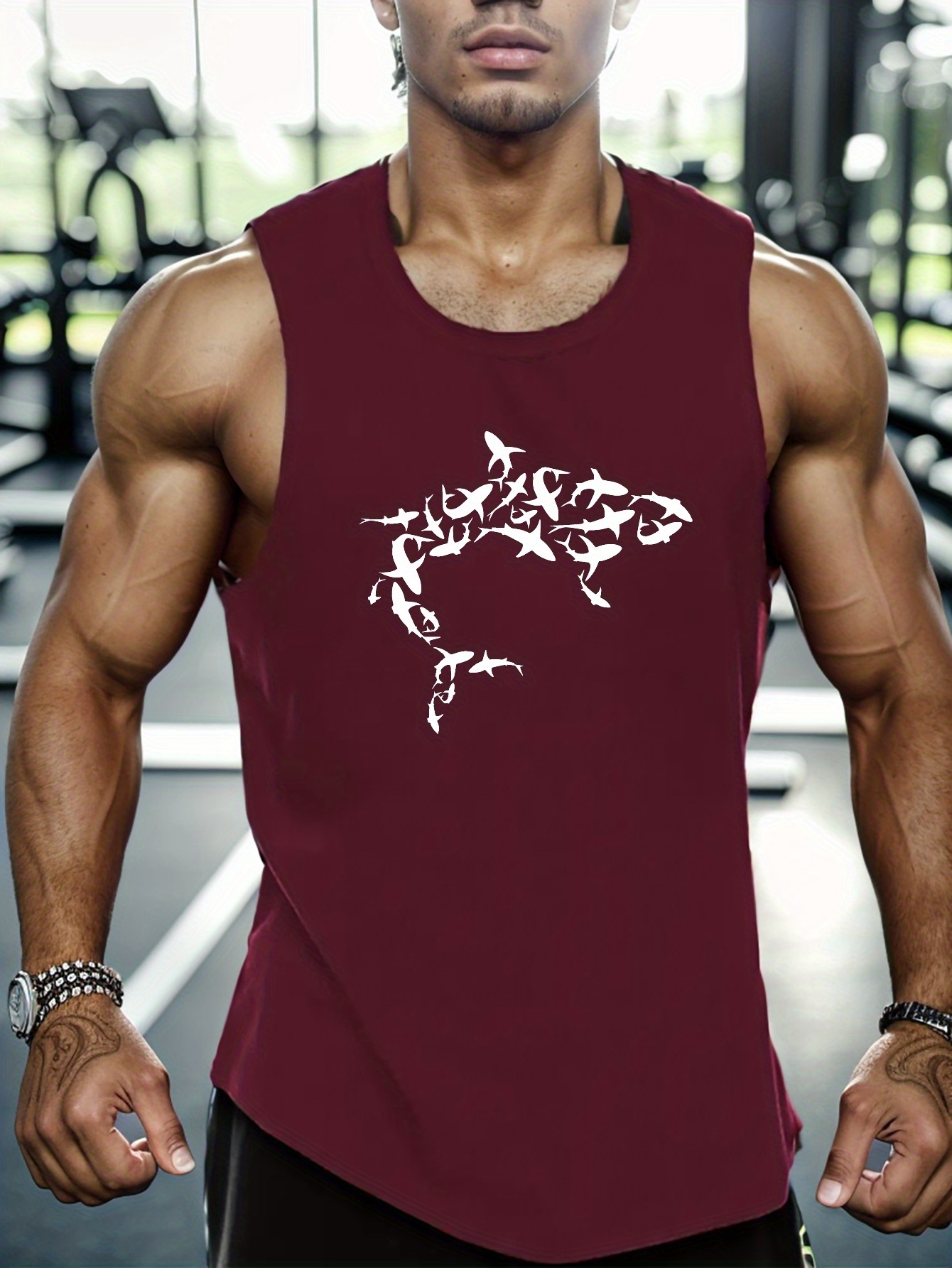 shark print mens quick dry moisture wicking breathable tank tops athletic gym bodybuilding sports sleeveless shirts for workout running training mens clothes details 10