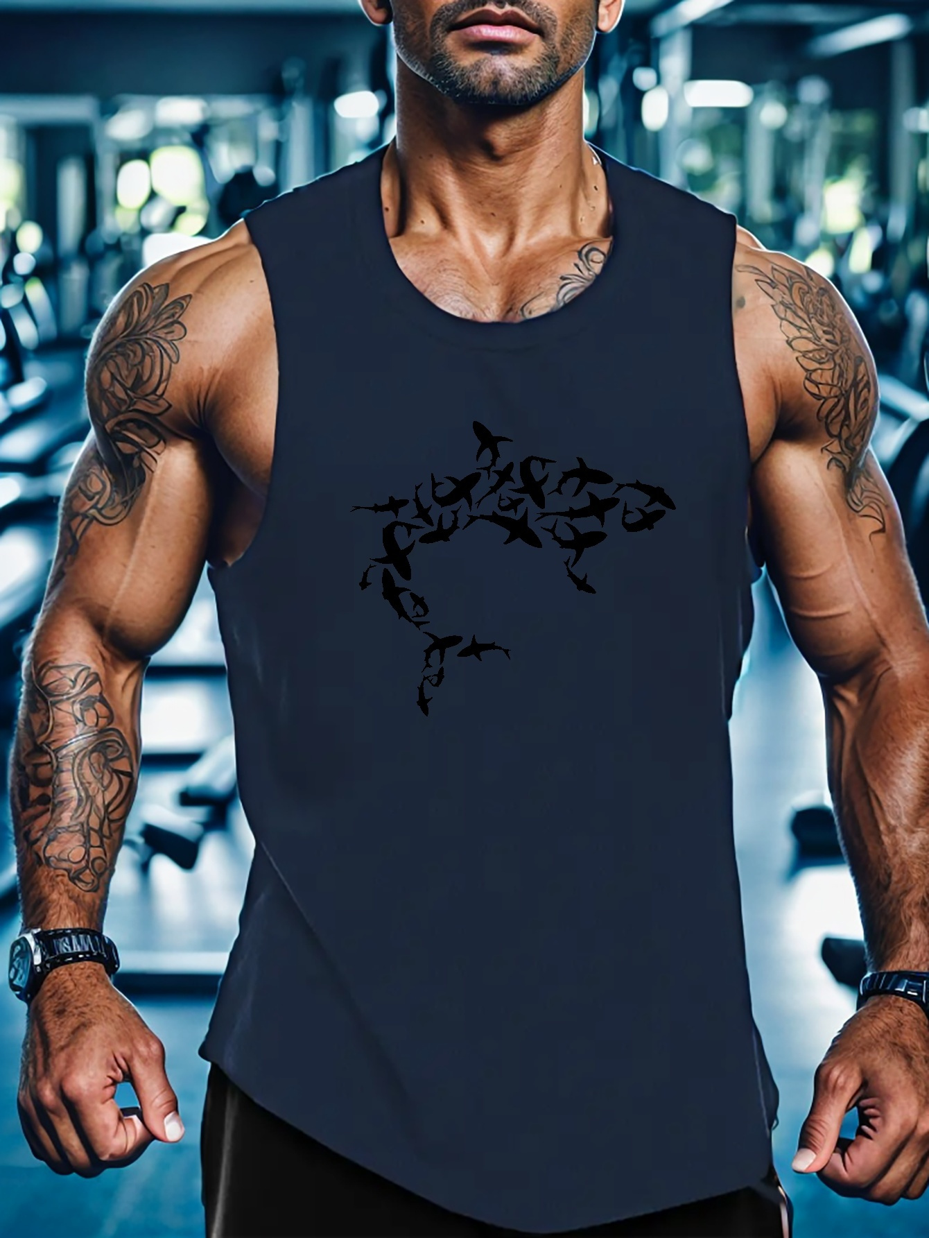 shark print mens quick dry moisture wicking breathable tank tops athletic gym bodybuilding sports sleeveless shirts for workout running training mens clothes details 15