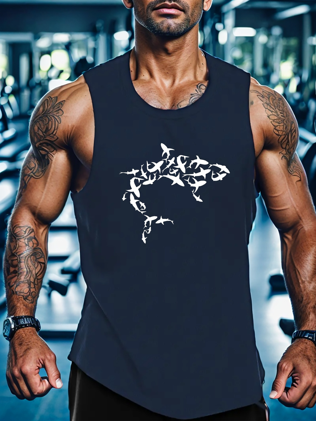 shark print mens quick dry moisture wicking breathable tank tops athletic gym bodybuilding sports sleeveless shirts for workout running training mens clothes details 20