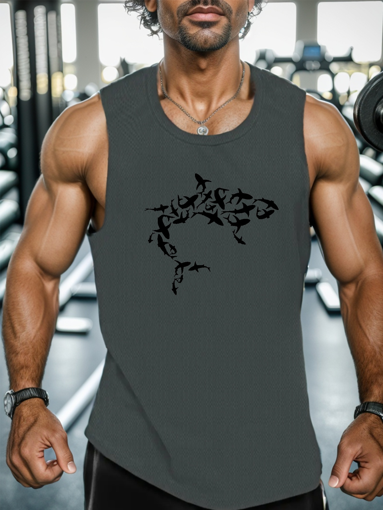 shark print mens quick dry moisture wicking breathable tank tops athletic gym bodybuilding sports sleeveless shirts for workout running training mens clothes details 25