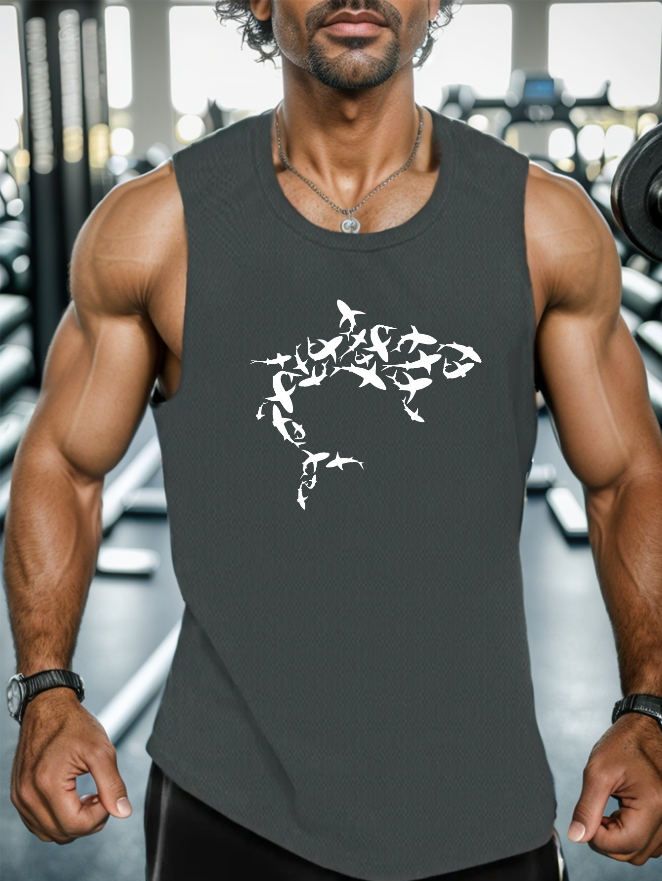 shark print mens quick dry moisture wicking breathable tank tops athletic gym bodybuilding sports sleeveless shirts for workout running training mens clothes details 31